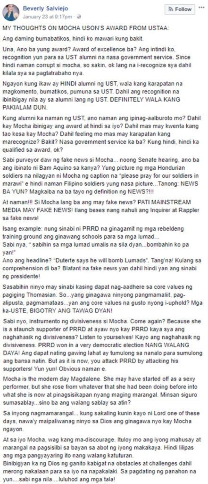 Beverly Salviejo Writes Open Letter To All Mocha's UST Award Critics