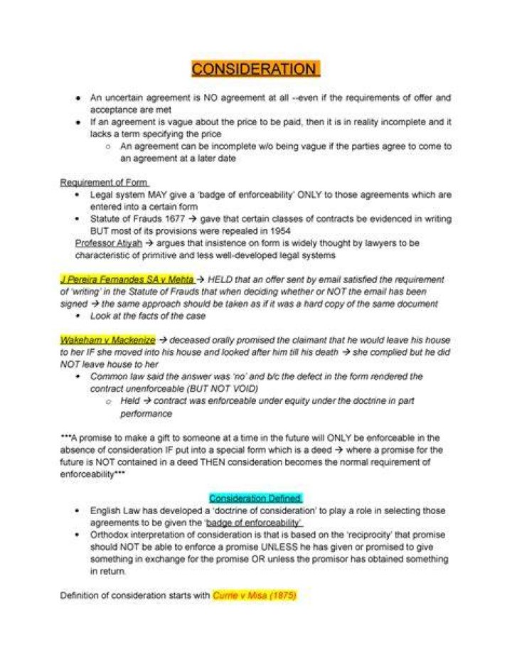 Consideration Textbook notes CONSIDERATION An uncertain agreement